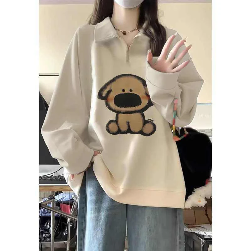 韩系穿搭加绒加厚Polo领卫衣女秋冬季小众别致宽松半拉链外套上衣