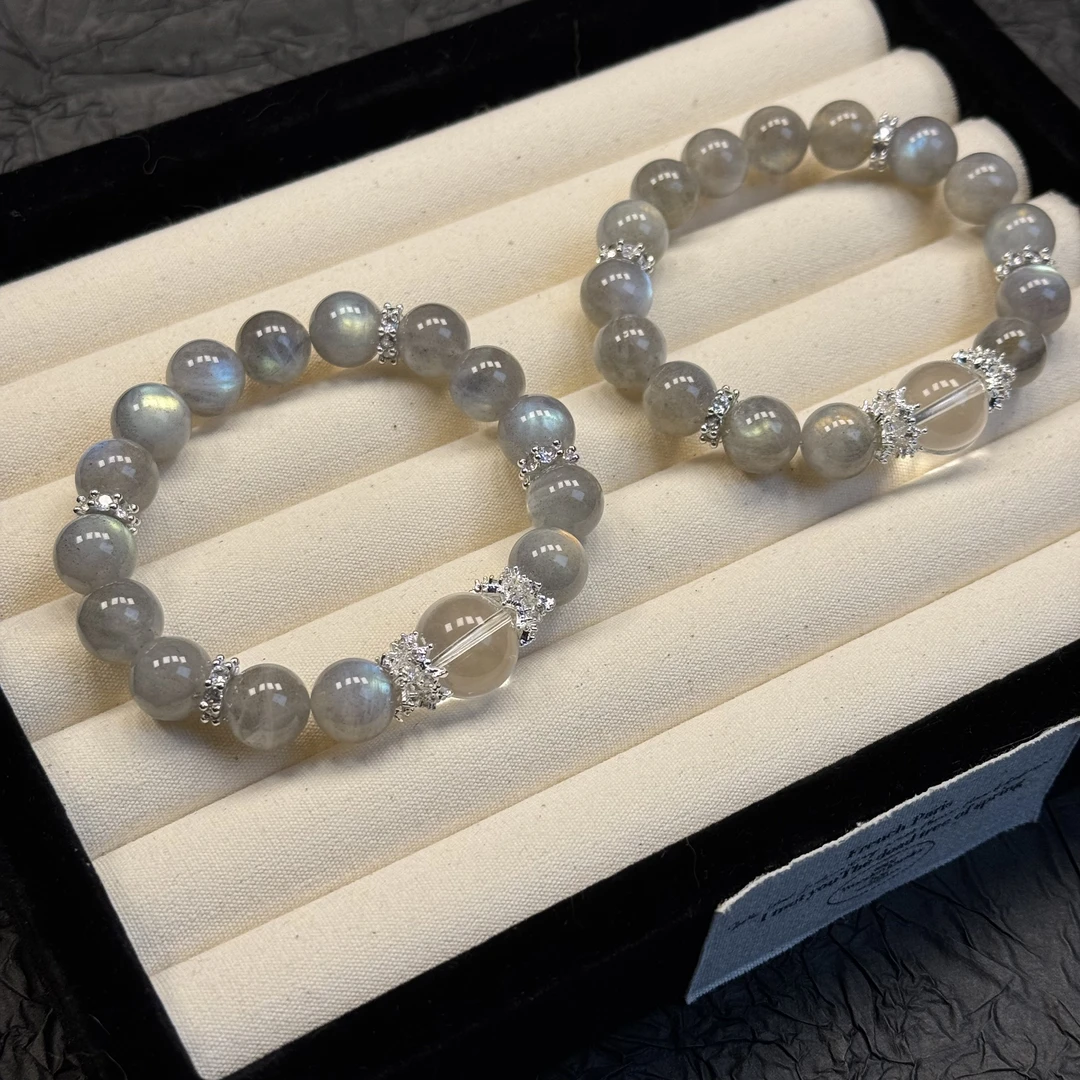 【岁月神偷】天然灰月光搭配白水晶顶珠手串10mm+多样性发一L108