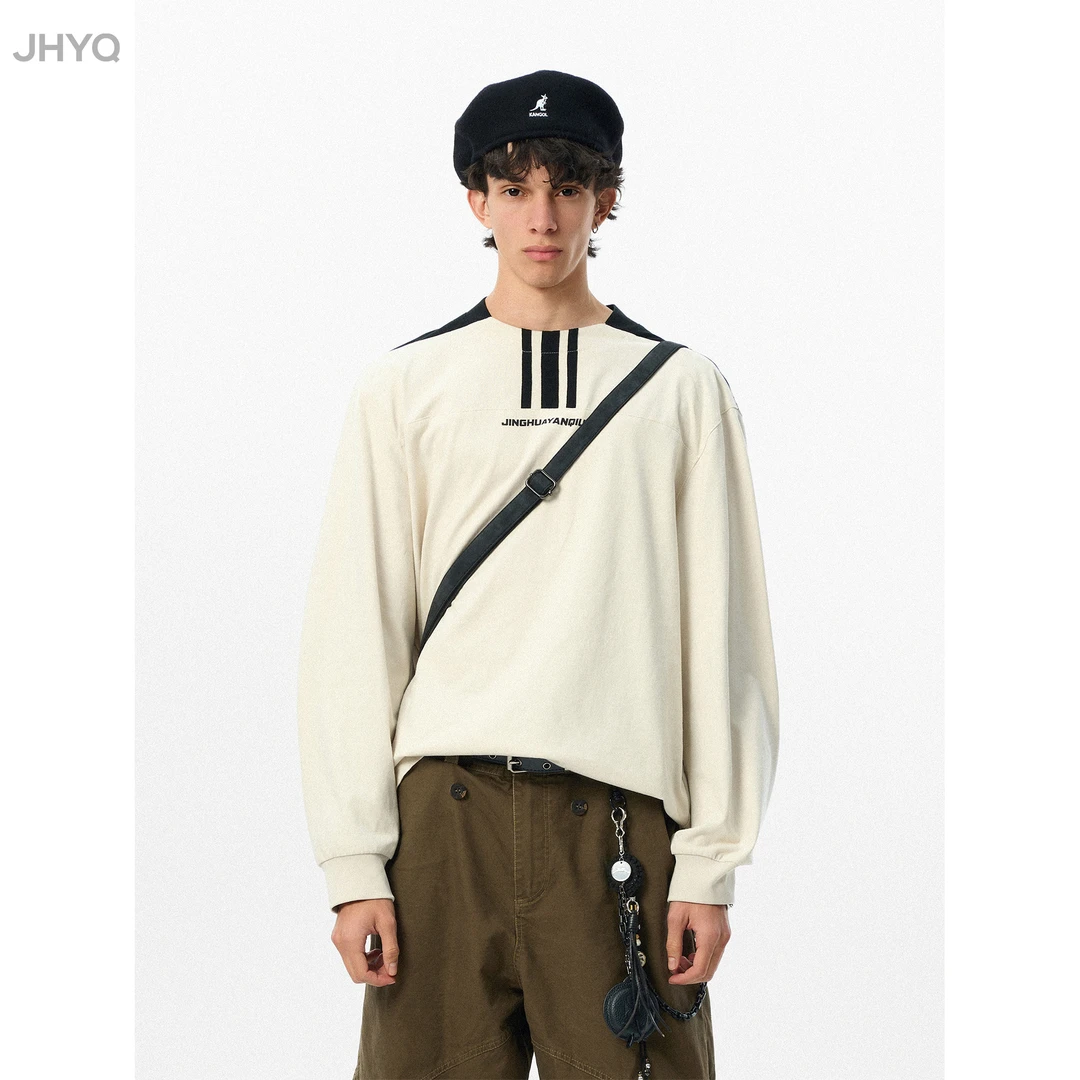 【JHYQ】春季竖条纹长袖T恤男宽松拼接撞色休闲潮牌字母印花上衣616