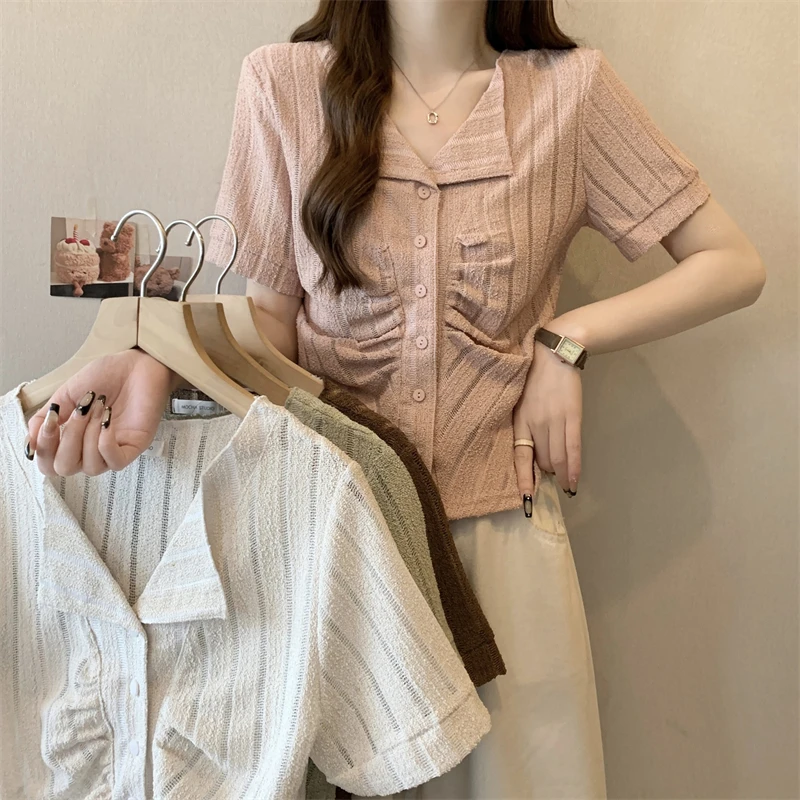 大码女装2025夏季新款韩版百搭皱褶设计感V领显瘦气质短袖上衣女