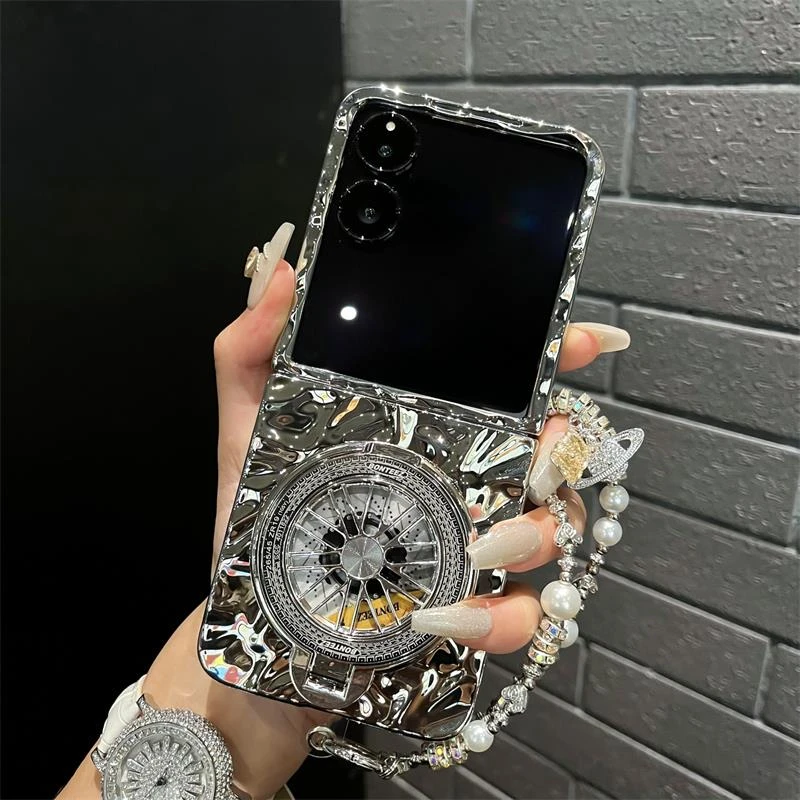 适用小米mixflip2手机壳折叠屏水波纹电镀银烤漆色旋转支架保护套