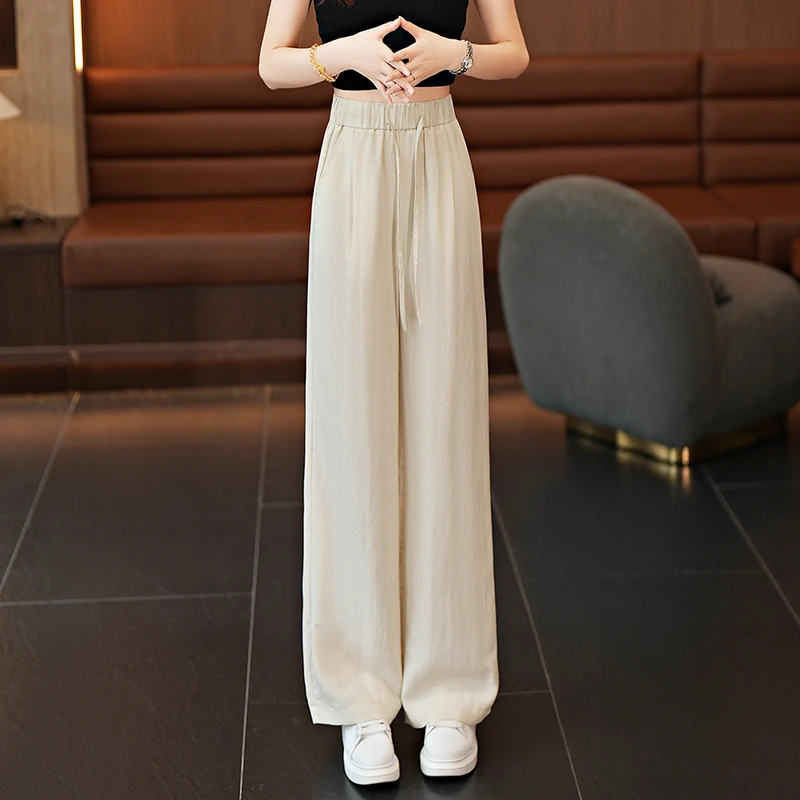 天丝亚麻阔腿裤女士夏季2025新款高腰垂感百搭显瘦凉凉直筒休闲裤