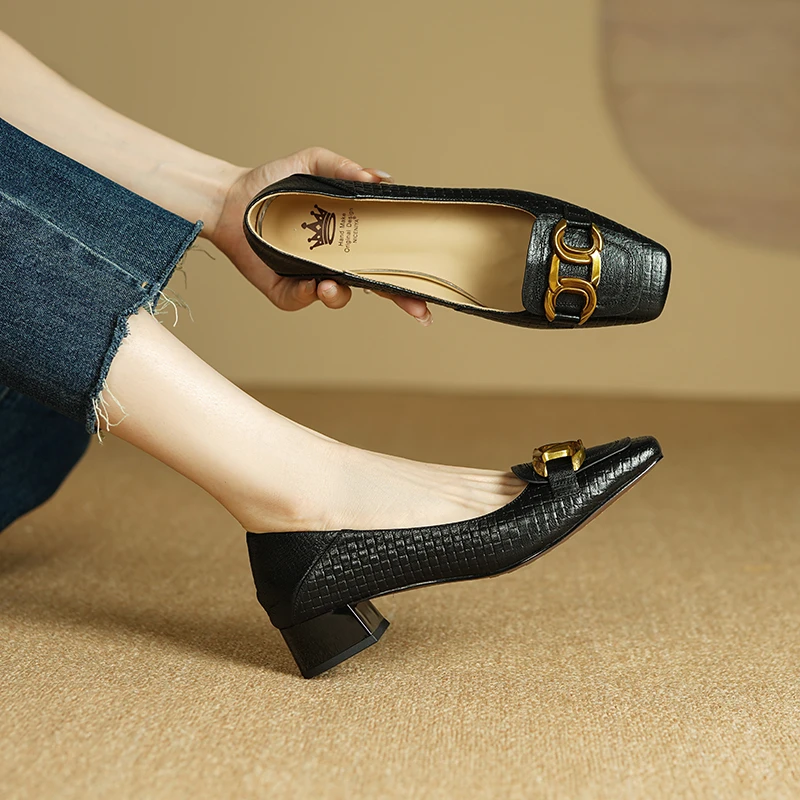 （跟高3cm）2025法式复古金属扣浅口单鞋工作鞋X5660