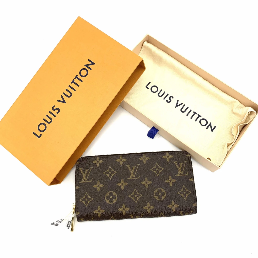 99新 LouisVuitton/路易威登 红内里棕老花窄版拉链钱包  尺20/10