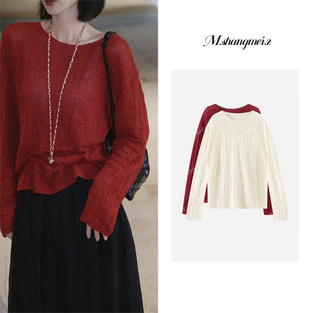 M.SHANGMEI.Z/沐熙【轻云衫】美大哥亚麻肌理圆领针织上衣X072713