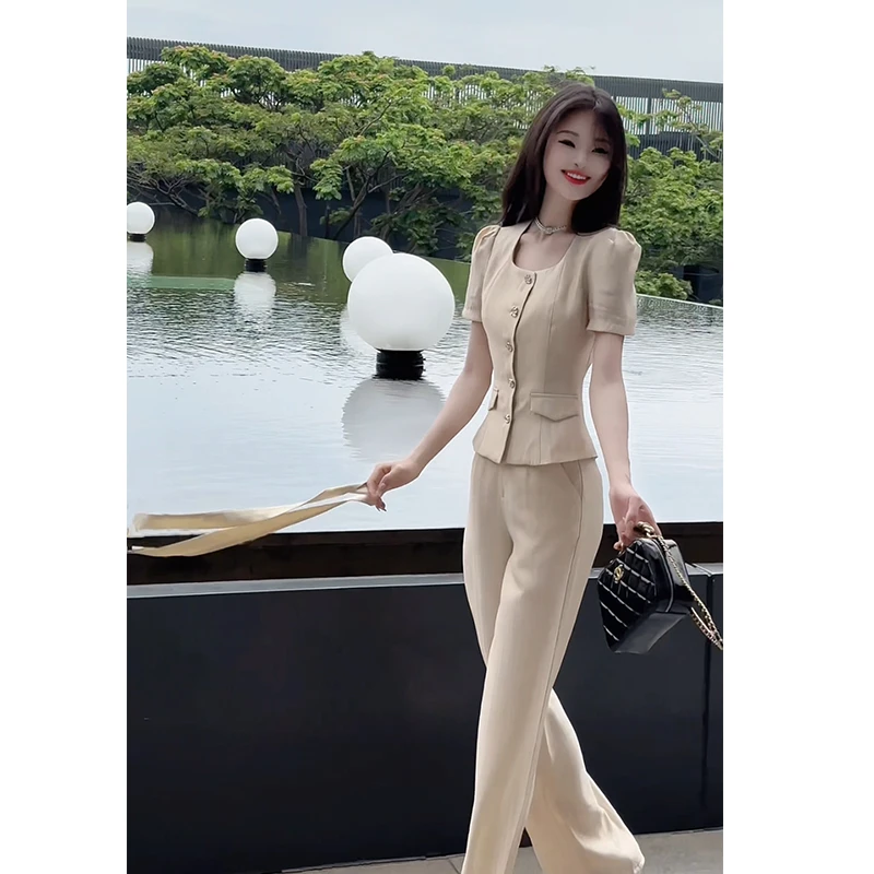 格润雅又酷又飒的穿搭套装2025夏新款气质方领显瘦上衣高腰阔腿裤