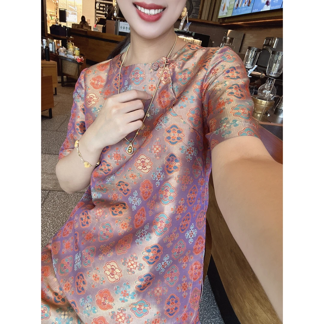 【深圳罗依】原创真丝衬衫女桑蚕丝蜀锦提花新中式宽松气质短袖上衣