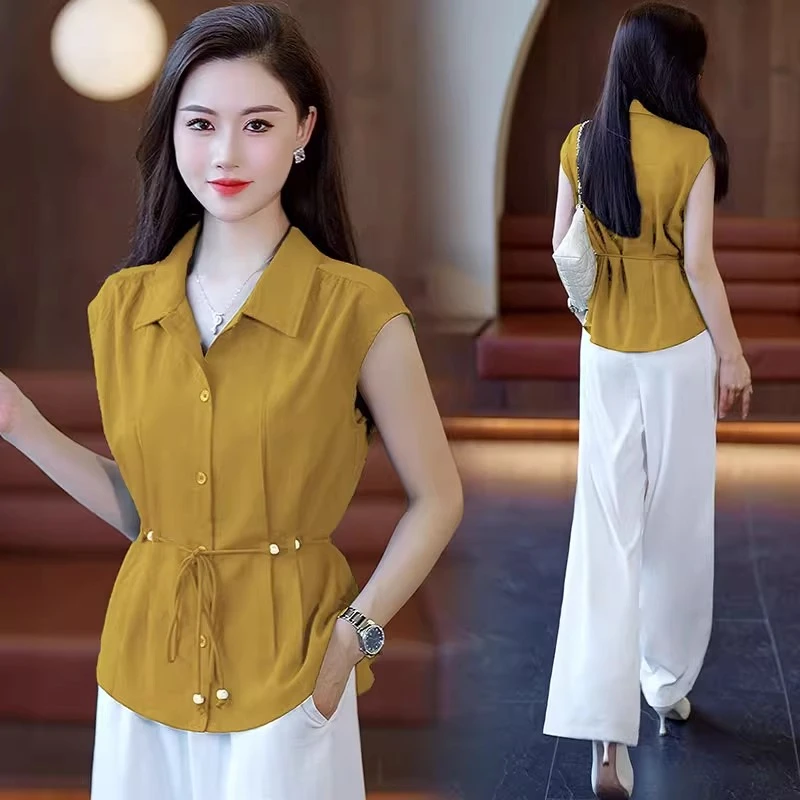 La babite夏季时尚套装女2025新款洋气无袖衬衫高腰阔腿裤两件套