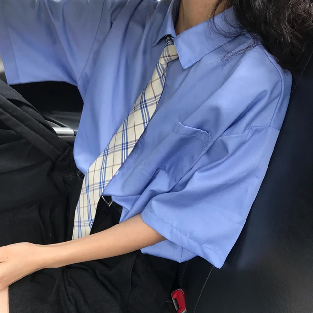 2025韩版小方领学院风蓝色短袖宽松显瘦衬衫上衣学生夏装女+领带