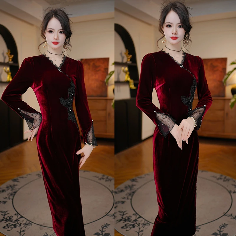 【丝绒绣影】2025秋季新款收腰显瘦洋气减龄轻奢女人味丝绒连衣裙