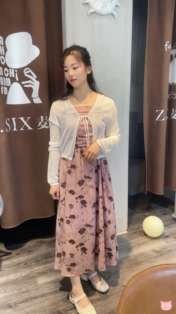 法式轻熟风印花吊带裙圆领荷叶边修身连衣裙套装