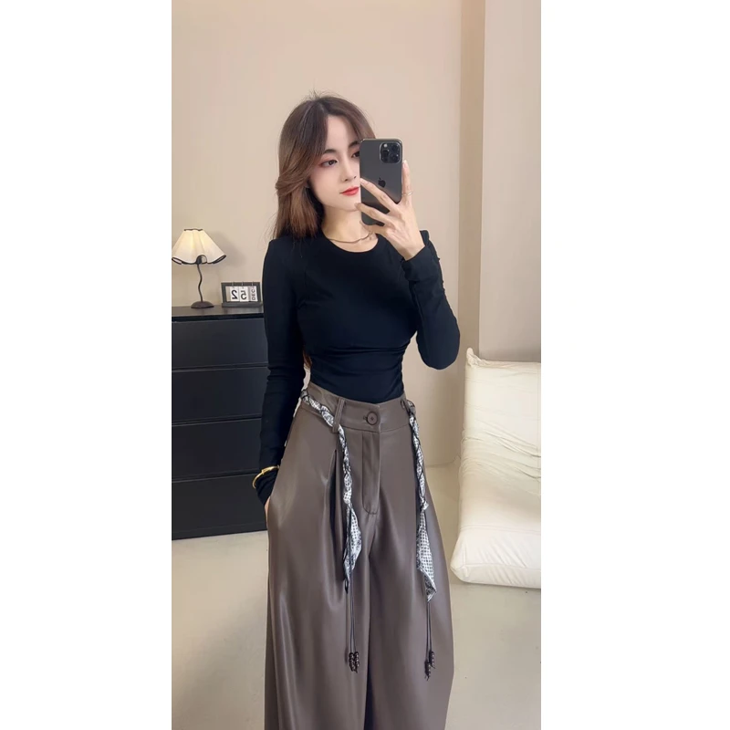 含腰带/名媛风气质洋气圆领打底衫上衣女中长款PU皮阔腿裤长裤