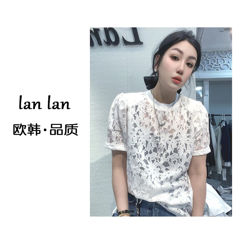 lanlan-夏上新【公主袖蕾丝小花】韩版小众精致时尚短袖上衣百搭T恤