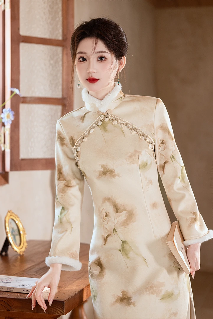 1581 卡其色 美玲襟圆扣 毛绒 【黄玫瑰】 旗袍