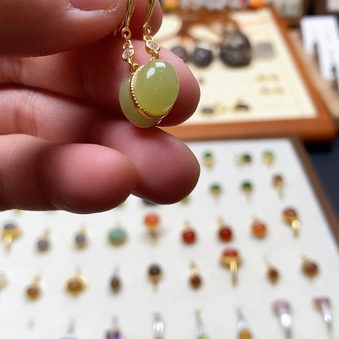 和田玉耳饰银S925镶嵌喵*妮