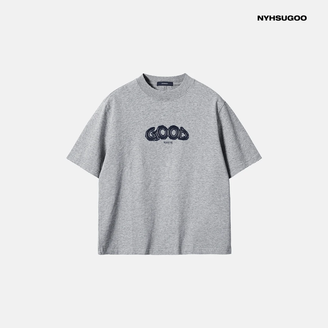 NYHSUGOO/南乙夏季GOOD贴布绣短袖T恤休闲男士3747磨破圆领短袖