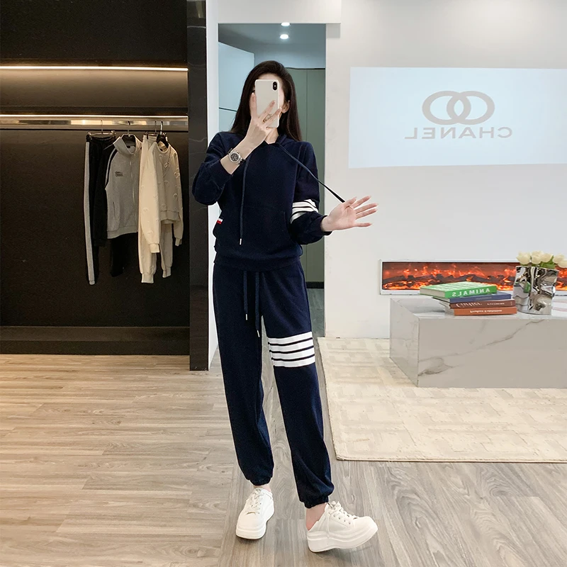 特大码欧货拼色连帽卫衣男女300斤春秋季四条杠运动卫裤两件套装