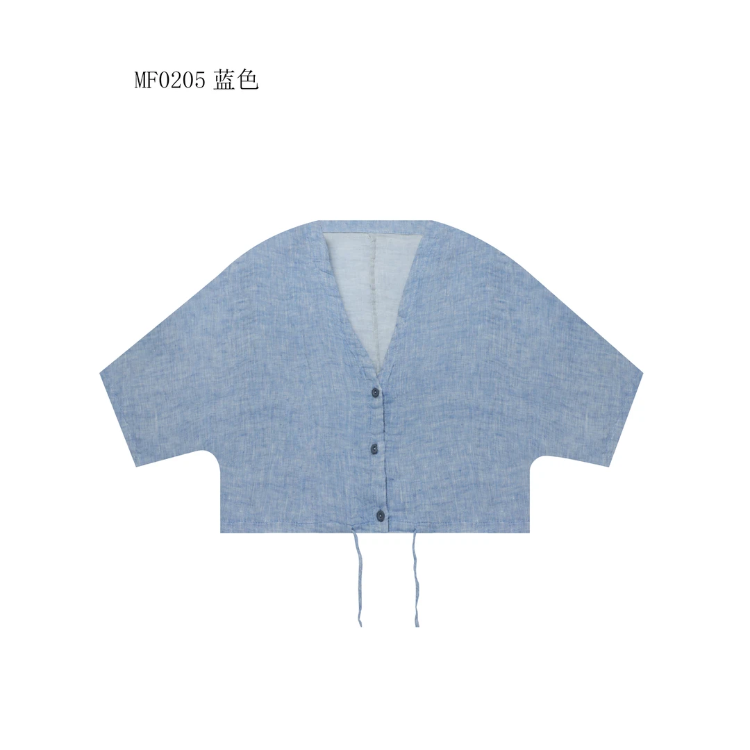 【麻訪家】MF0205蓝色复古文艺简约宽松百搭短款开衫上衣