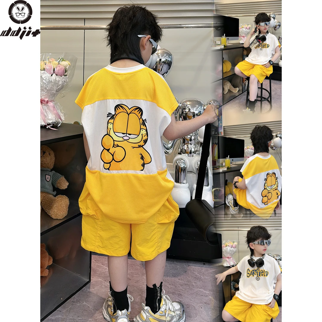 蛋蛋家【加菲猫】夏季新款儿童橘黄色背面卡通背心套装