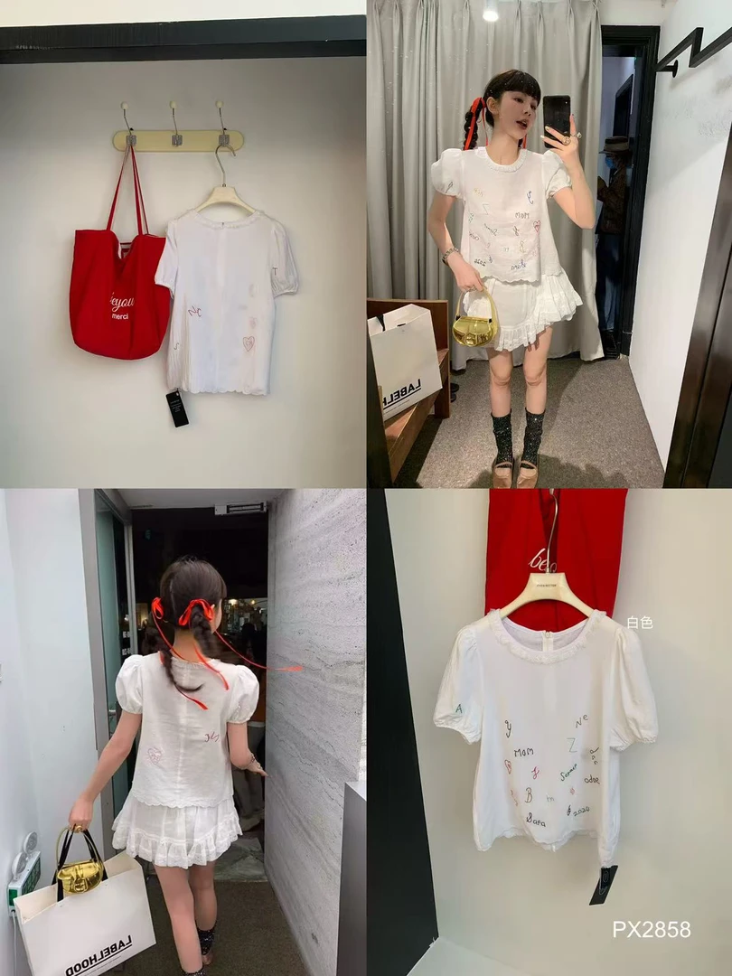 JUNXI@PX2858 韩系文艺少女泡泡袖童趣字母刺绣短袖小衫