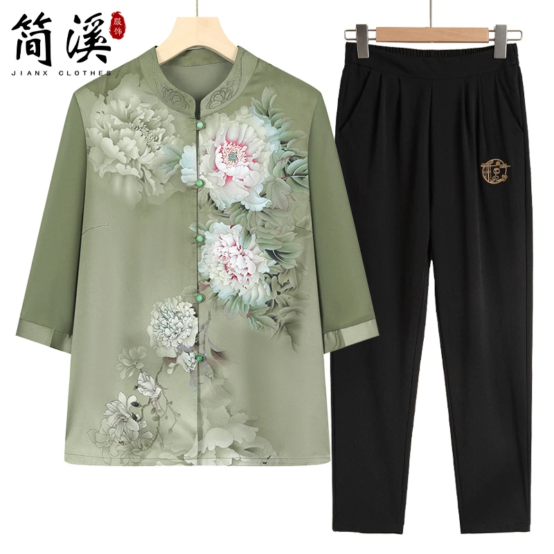 妈妈装2025夏装新中式国风老年人雪纺衬衫奶奶装夏季短袖老人衣服