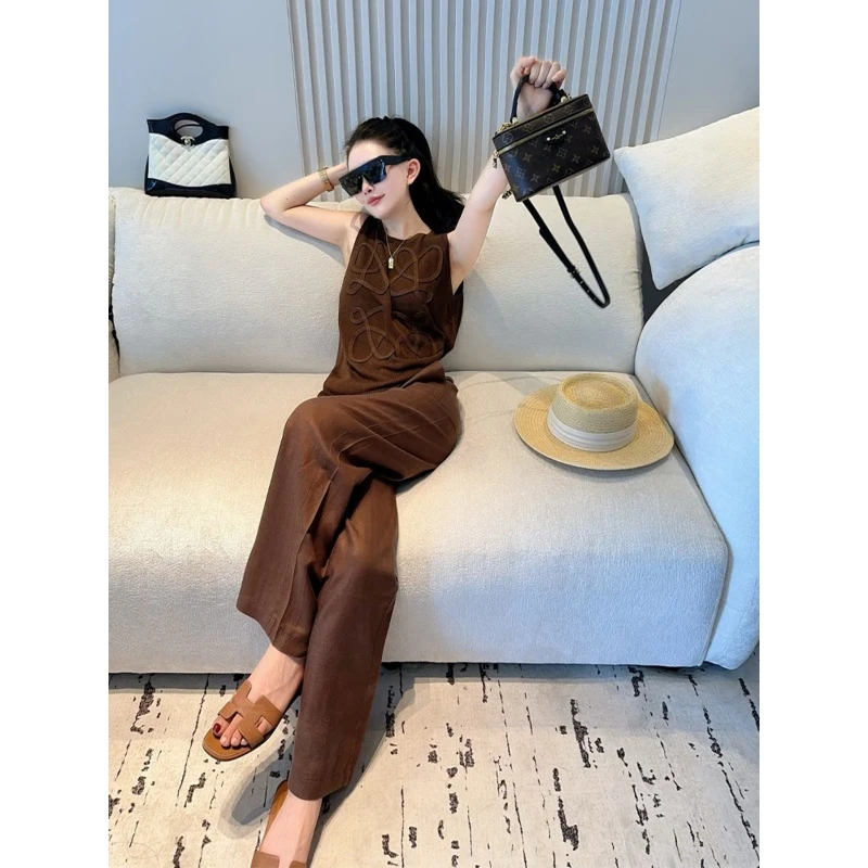 2025超火夏装一整套时尚高级感休闲通勤风穿搭咖色上衣阔腿裤套装