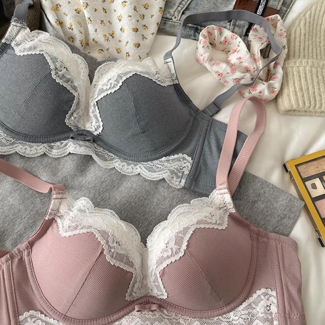 法式内衣女小胸聚拢显大上托无钢圈收副乳防下垂蕾丝边文胸罩套装