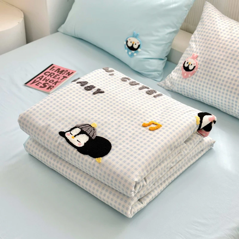 卡通企鹅抱抱毛巾绣夏凉被纯棉100%全棉空调被单双人宿舍可机水洗