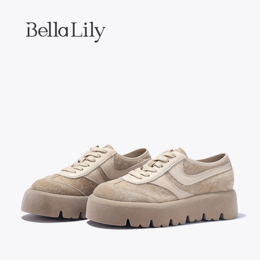 BellaLily2025春季新款复古德训鞋女厚底休闲板鞋牛皮增高鞋潮鞋