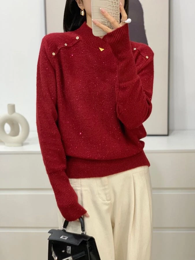 ANYUMO/安妤茉6552超细羊毛立领肩扣亮片针织套头毛衣时尚百搭女