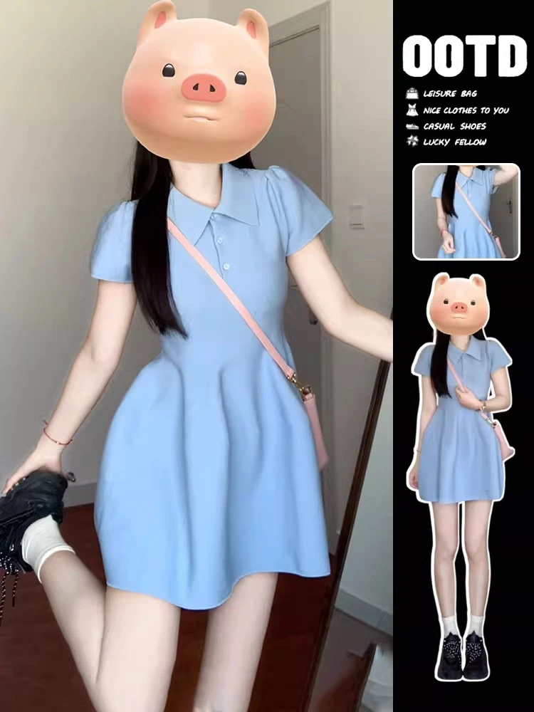 夏季设计感小众蓝色polo领连衣裙收腰显瘦蓬蓬A字短裙小个子气质