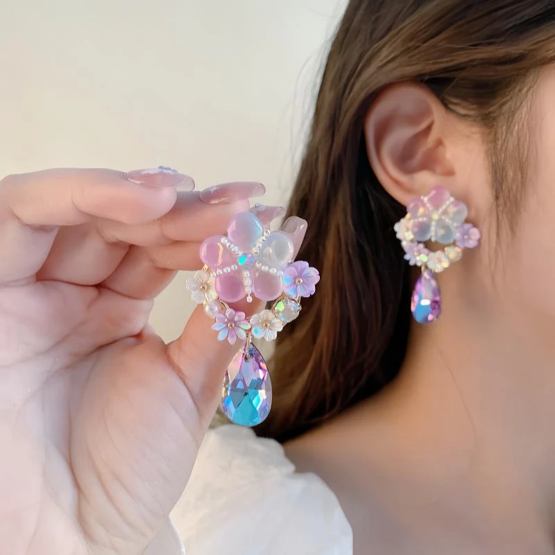 铜合金锆石耳饰 925银针紫色花朵耳环饰品女度假风耳饰耳饰女森系