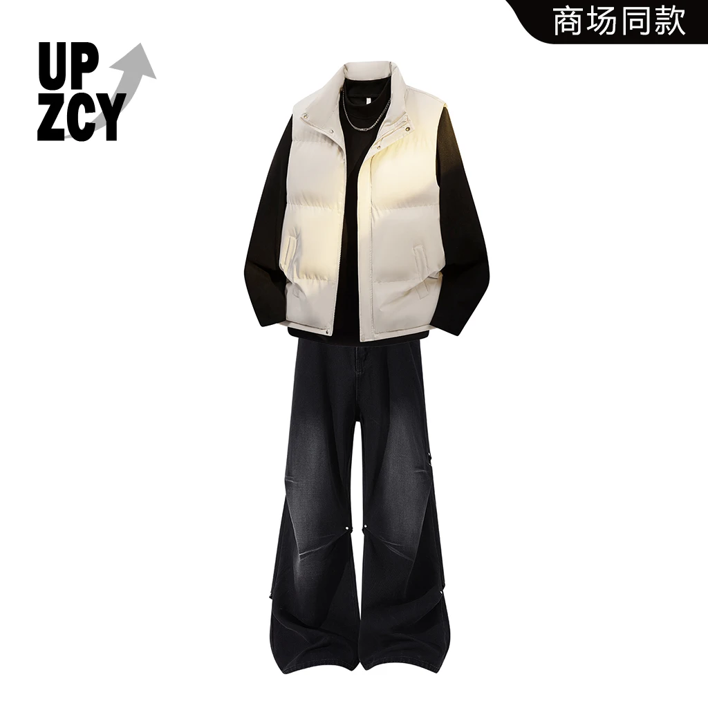 UPZCY美式潮流复古棉服马甲三件套冬季御寒新款铆钉水洗牛仔裤男
