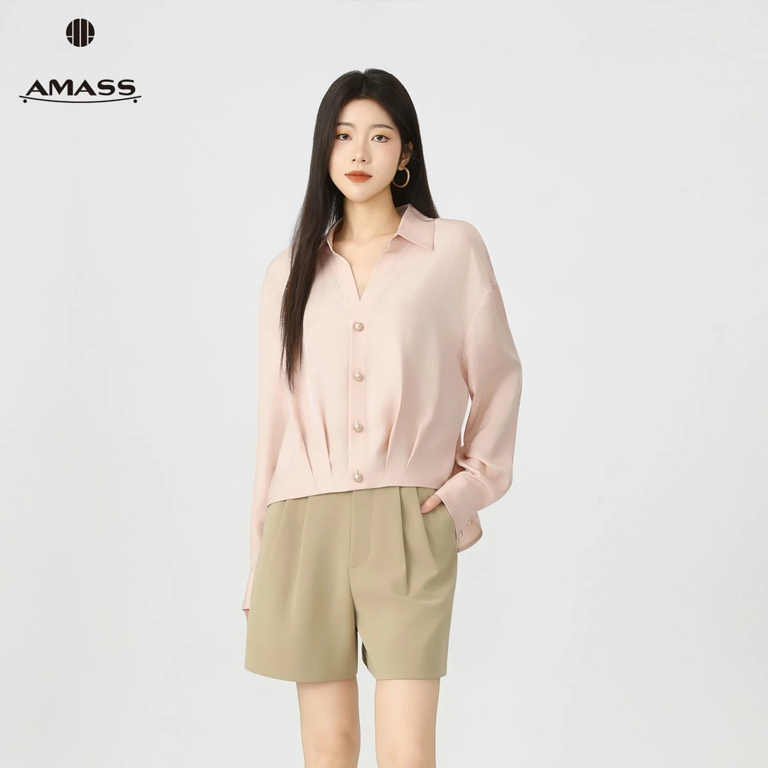 AMASS/阿玛施新款长袖气质复古婉约大方时尚显瘦V领衬衫女530038