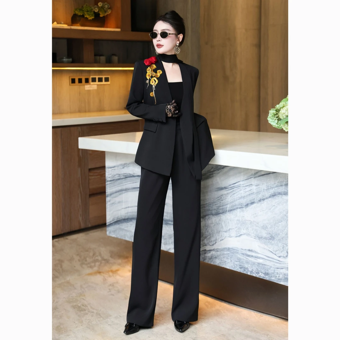 ZEROYK职业套装设计感小众立体花朵钉珠绑带西服直筒阔腿裤两件套