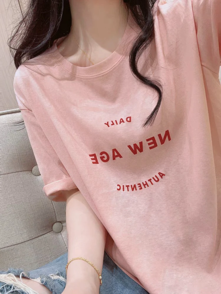 轻薄透气冰丝雪花棉短袖t恤女夏季宽松休闲洋气字母印花圆领上衣