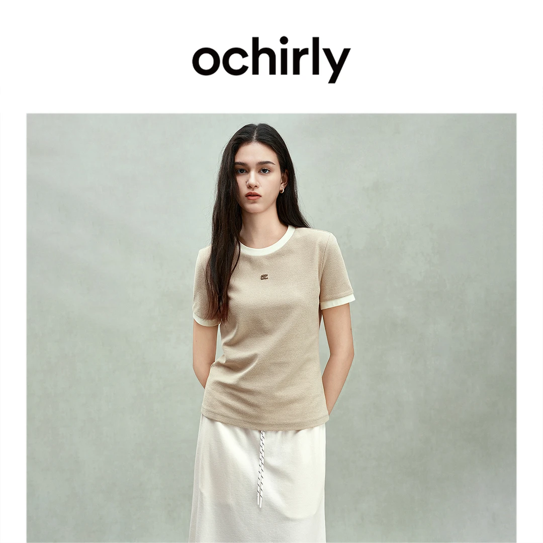 ochirly欧时力刺绣撞色短袖t恤女短款上衣休闲百搭25春