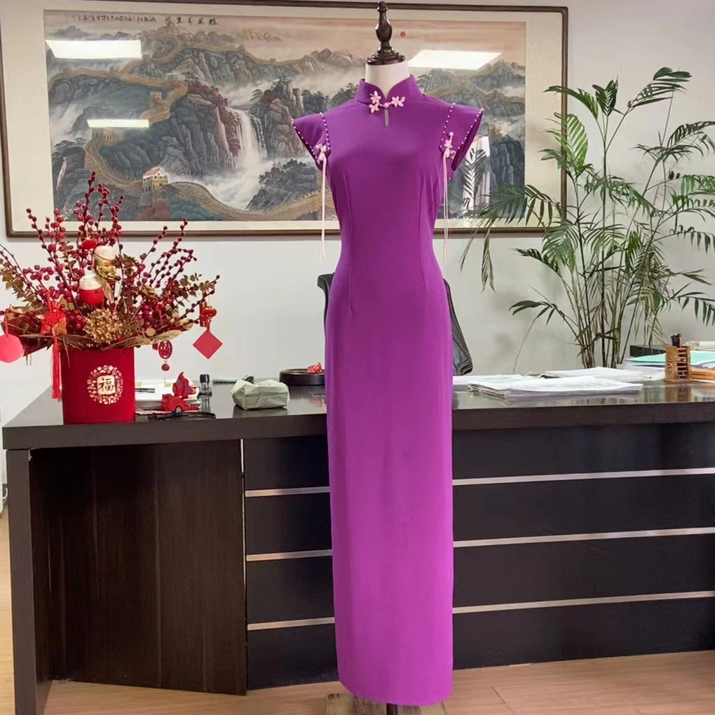 娴馨（紫夏轻语）海派甜美风鸡心领手工无袖长款日常改良显年轻旗袍