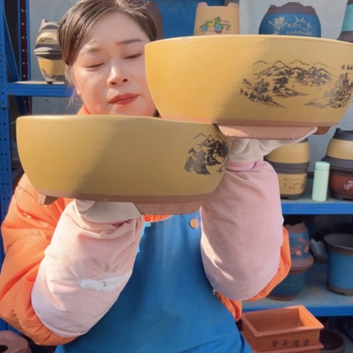 黄色江山如画小一对花盆花盆花盆