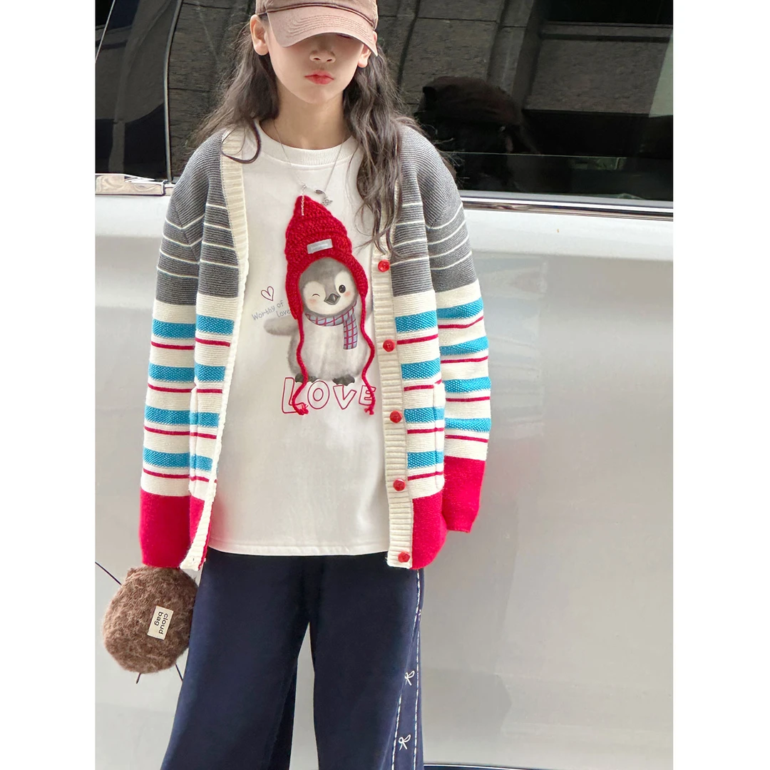 K30165孙小美撞色女童毛衣开衫2025新款秋冬装儿童外套条纹针织衫