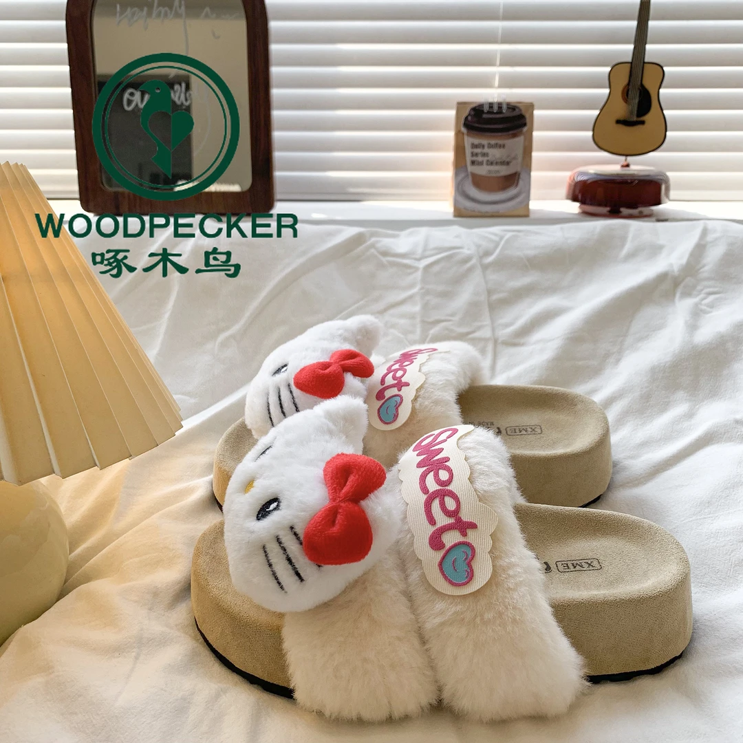 啄木鸟卡通可爱凯蒂猫勃肯毛毛拖鞋女外穿2025秋冬新款厚底棉拖鞋