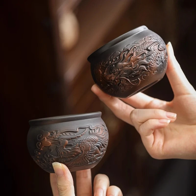 紫陶龙凤呈祥主人杯品茗杯陶瓷功夫茶具家用办公室泡茶盏单杯茶杯