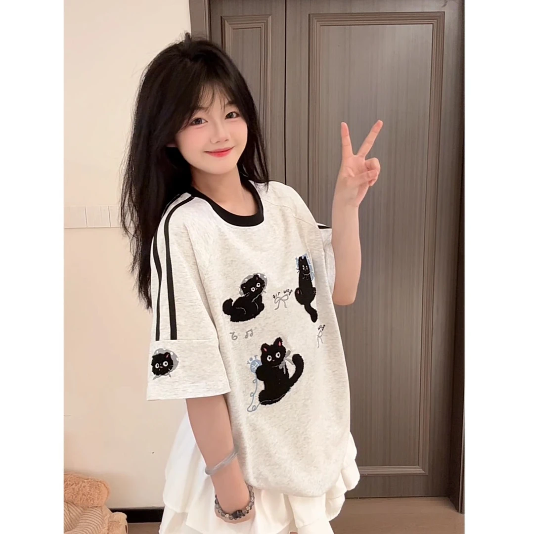 美式复古卡通动漫小猫刺绣t恤女条纹百搭时尚休闲重磅纯棉上衣ins