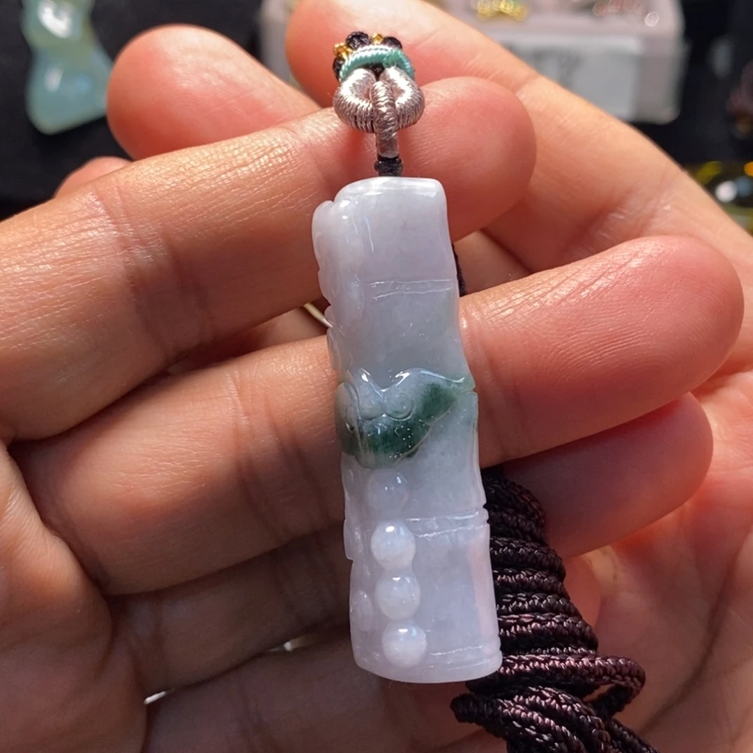 翡翠未镶嵌颈饰天然缅甸翡翠A货飘花竹节吊坠