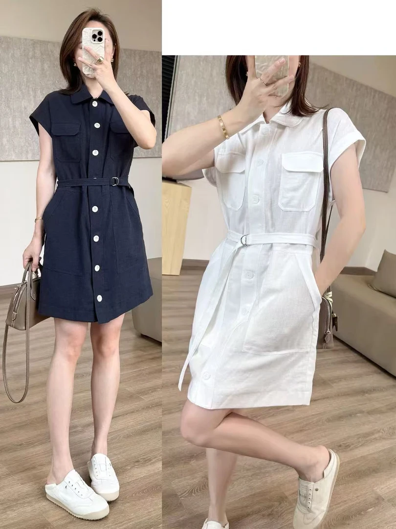 天丝亚麻连衣裙女欧洲站夏新款欧货轻熟风无袖翻领系带收腰衬衫裙