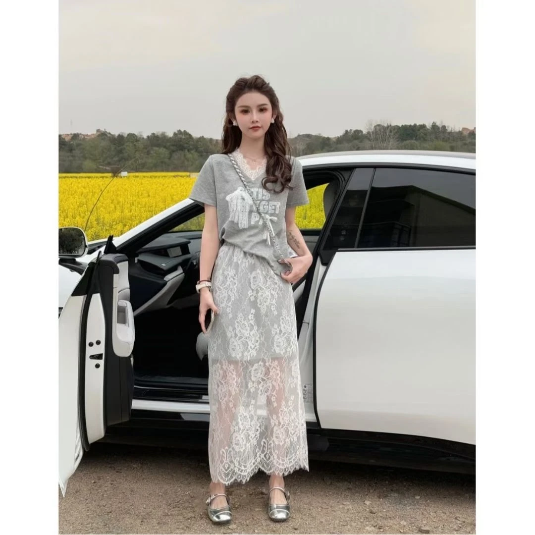 夏季穿搭一整套2025新款小个子超火减龄显瘦蕾丝拼接连衣裙两件套