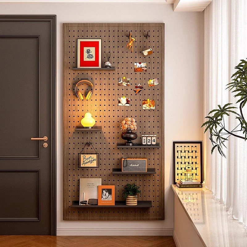 实木色洞洞板墙上置物架入户玄关造型墙面壁挂收纳金属展示架配件