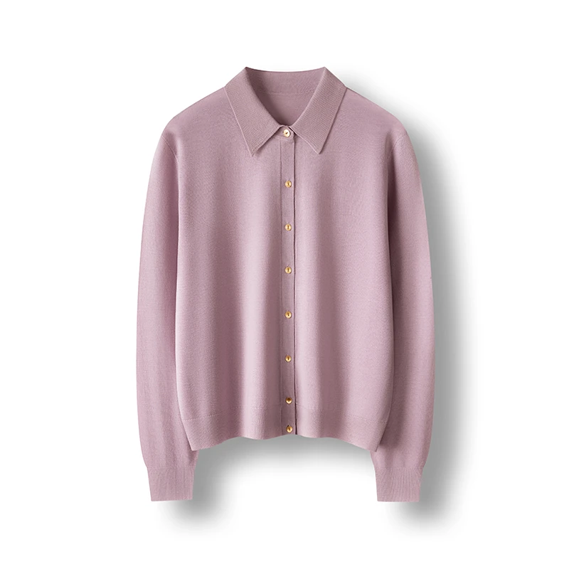 【新奥纱】衬衣领开衫女士100%美丽诺60支精纺羊毛翻领薄款针织外套
