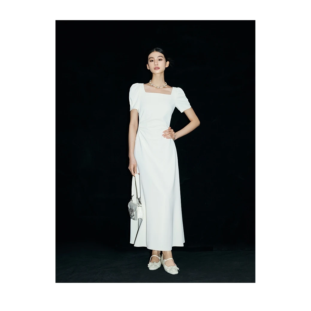 MandyZhang千金风白色方领连衣裙女夏优雅气质长款礼服裙子