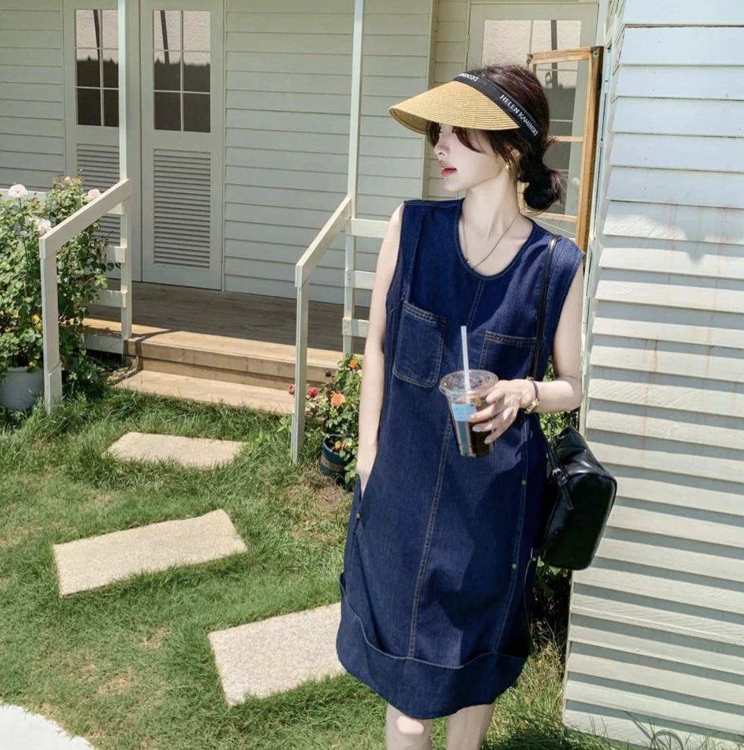 2025新款小众设计气质绝美超好看宽松休闲牛仔无袖连衣裙子女